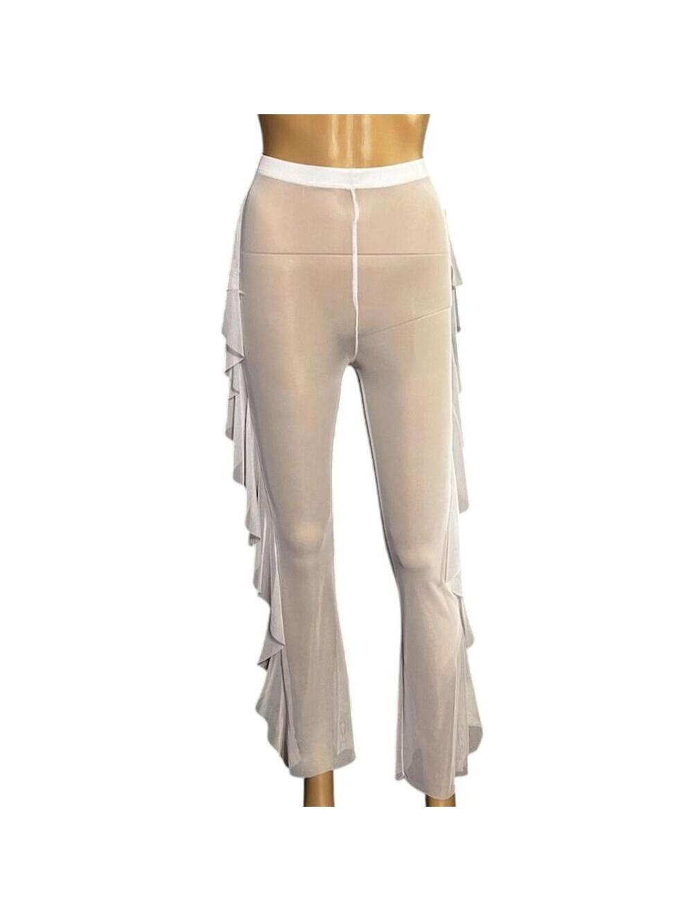 Minette white Sheer Mesh Ruffle Trim Cover Up Pants S